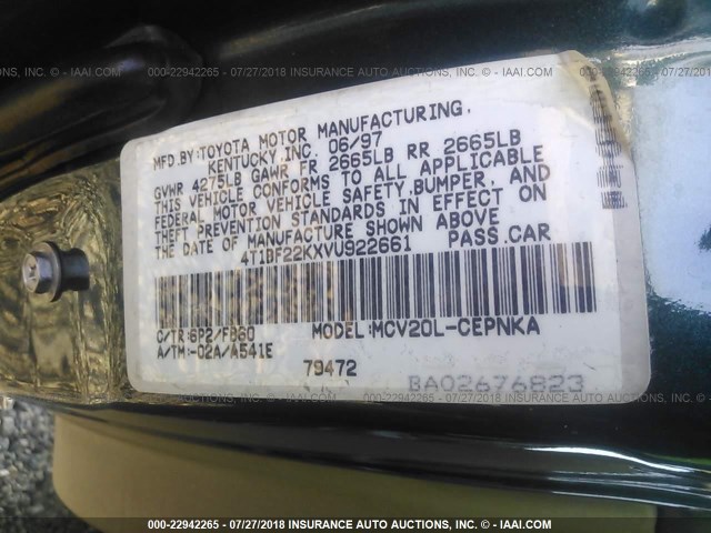 4T1BF22KXVU922661 - 1997 TOYOTA CAMRY CE/LE/XLE 绿色 照片 9