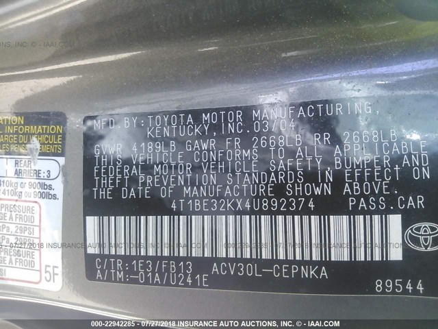 4T1BE32KX4U892374 - 2004 TOYOTA CAMRY LE/XLE/SE Boz foto 9