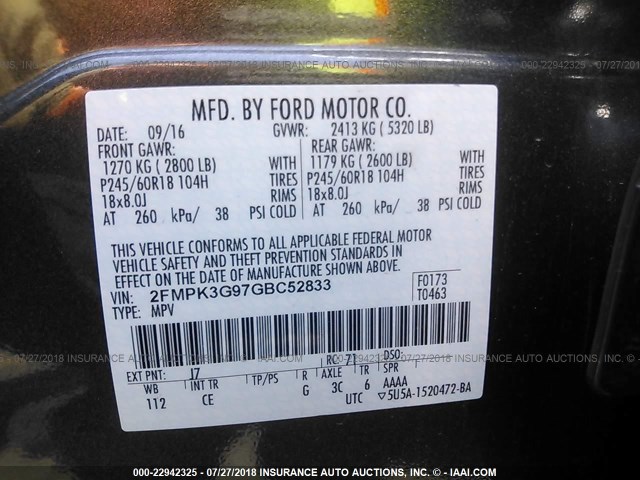 2FMPK3G97GBC52833 - 2016 FORD EDGE SE GRAY photo 9