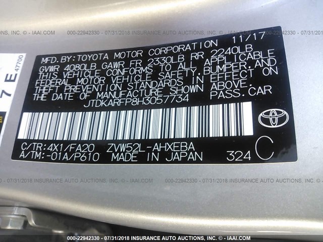 JTDKARFP8H3057734 - 2017 TOYOTA PRIUS PRIME  银色 照片 9