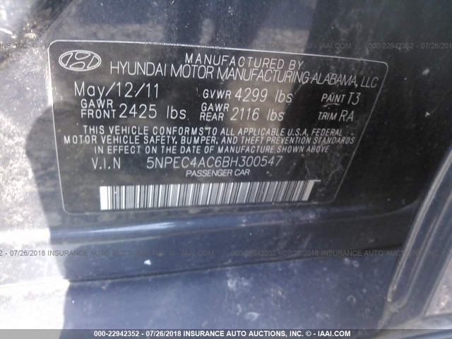 5NPEC4AC6BH300547 - 2011 HYUNDAI SONATA SE/LIMITED BLUE photo 9