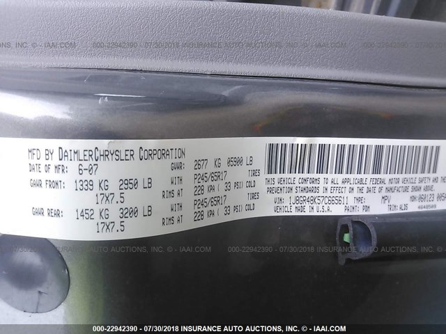 1J8GR48K57C665611 - 2007 JEEP GRAND CHEROKEE LAREDO/COLUMBIA/FREEDOM 灰色 照片 9