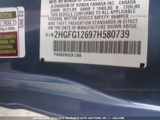 2HGFG12697H580739 - 2007 HONDA CIVIC LX BLUE photo 9