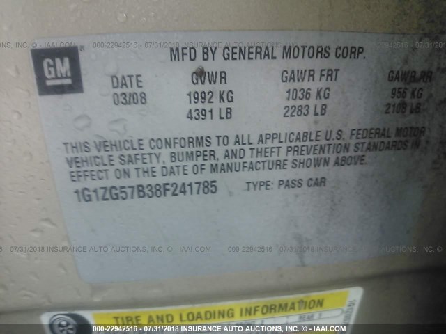 1G1ZG57B38F241785 - 2008 CHEVROLET MALIBU LS GOLD photo 9