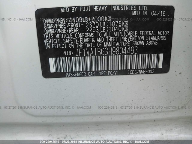 JF1VA1B63H9804493 - 2017 SUBARU WRX WHITE photo 9