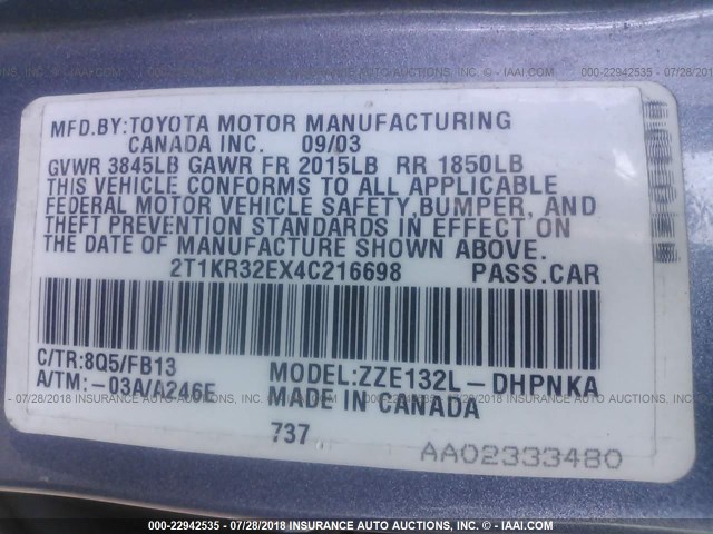 2T1KR32EX4C216698 - 2004 TOYOTA COROLLA MATRIX XR BLUE photo 9