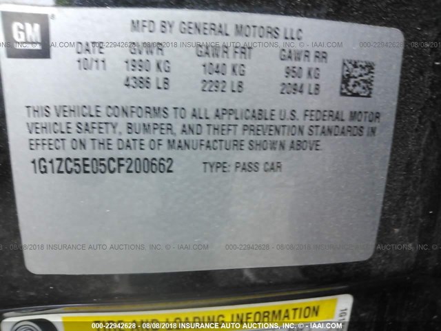 1G1ZC5E05CF200662 - 2012 CHEVROLET MALIBU 1LT BLACK photo 9