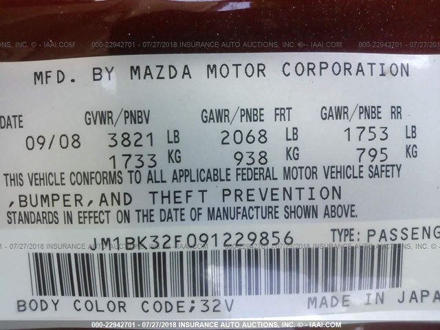 JM1BK32F091229856 - 2009 MAZDA 3 I RED photo 9