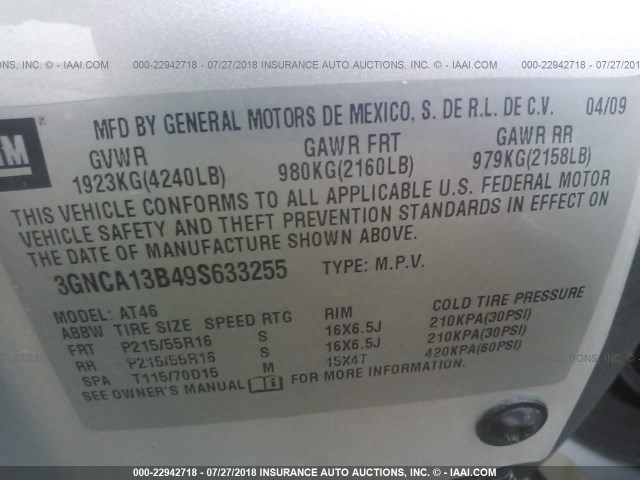 3GNCA13B49S633255 - 2009 CHEVROLET HHR LS ვერცხლისფერი ფოტო 9