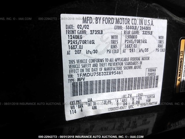 1FMDU75E32ZB95461 - 2002 FORD EXPLORER LIMITED 黑色 照片 9