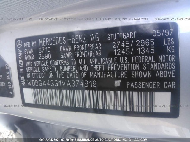 WDBGA43G1VA374919 - 1997 MERCEDES-BENZ S 420 SILVER photo 9