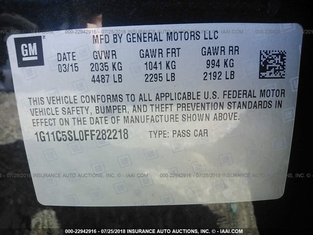 1G11C5SL0FF282218 - 2015 CHEVROLET MALIBU 1LT 黑色 照片 9