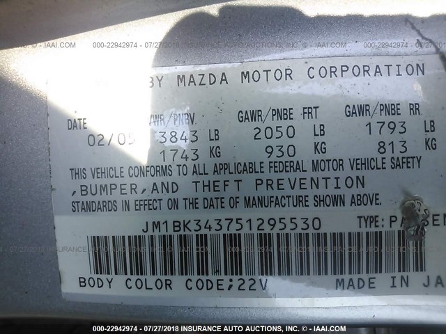 JM1BK343751295530 - 2005 MAZDA 3 HATCHBACK SILVER photo 9