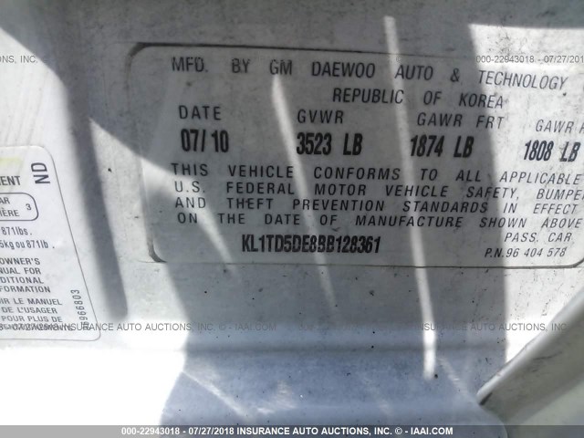 KL1TD5DE8BB128361 - 2011 CHEVROLET AVEO LS/LT 白色 照片 9