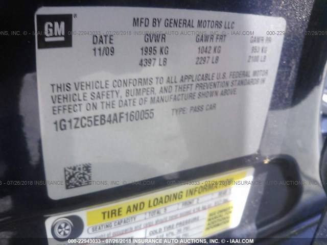 1G1ZC5EB4AF160055 - 2010 CHEVROLET MALIBU 1LT 蓝色 照片 9