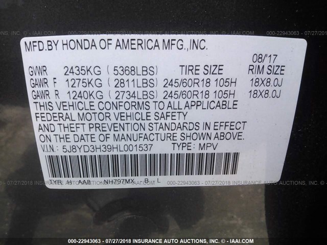 5J8YD3H39HL001537 - 2017 ACURA MDX GRAY photo 9