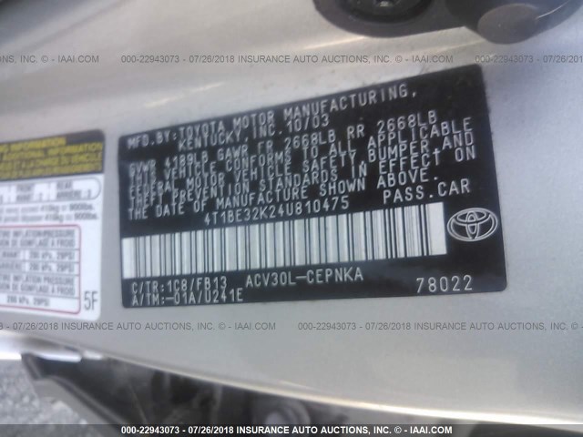4T1BE32K24U810475 - 2004 TOYOTA CAMRY LE/XLE/SE 银色 照片 9