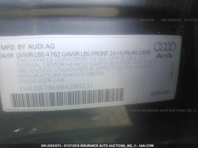 WAUDF78E06A260231 - 2006 AUDI A4 2.0T QUATTRO GRAY photo 9