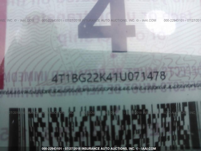 4T1BG22K41U071478 - 2001 TOYOTA CAMRY CE/LE/XLE 银色 照片 9