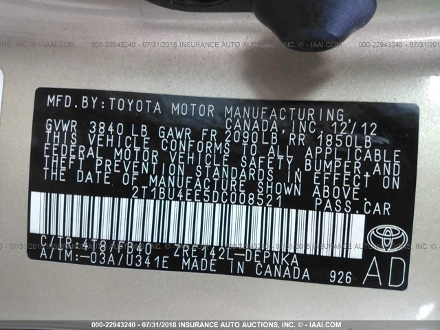 2T1BU4EE5DC008521 - 2013 TOYOTA COROLLA S/LE TAN photo 9