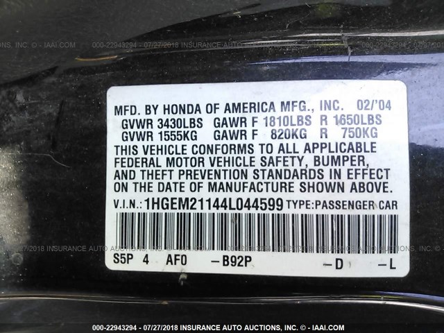 1HGEM21144L044599 - 2004 HONDA CIVIC DX VP BLACK photo 9