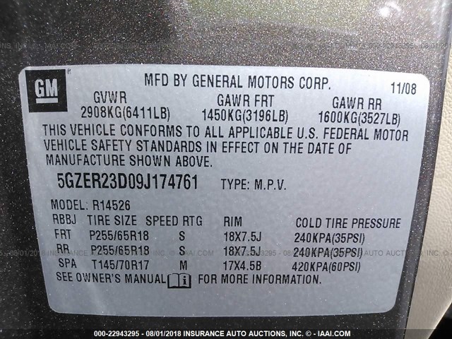 5GZER23D09J174761 - 2009 SATURN OUTLOOK XR ყავისფერი ფოტო 9