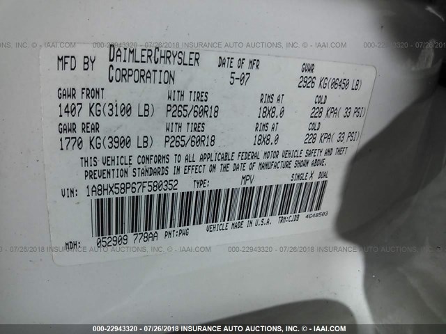 1A8HX58P67F580352 - 2007 CHRYSLER ASPEN LIMITED კრემისფერი ფოტო 9