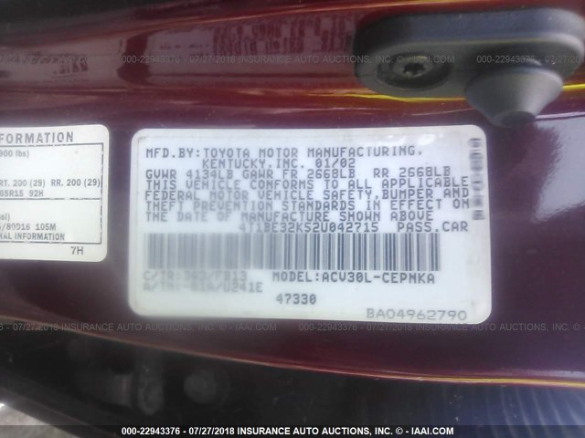 4T1BE32K52U042715 - 2002 TOYOTA CAMRY LE/XLE/SE 勃艮第红 照片 9