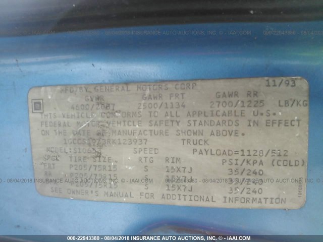 1GCCS19Z3RK123937 - 1994 CHEVROLET S TRUCK S10 BLUE photo 9