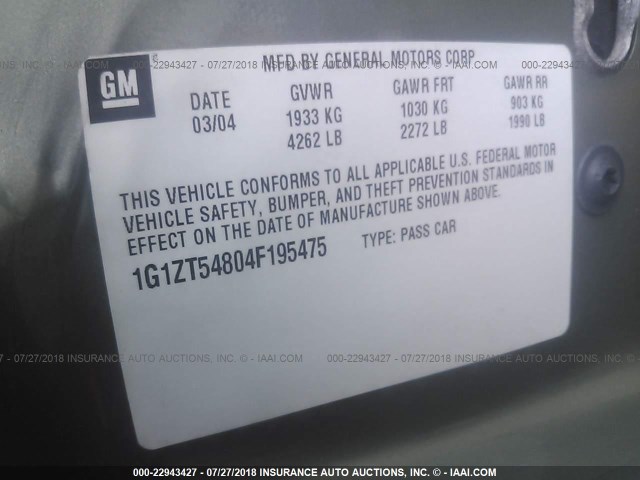 1G1ZT54804F195475 - 2004 CHEVROLET MALIBU LS ტალღისფერი ფოტო 9