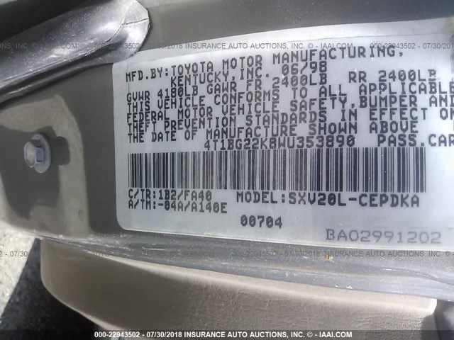 4T1BG22K8WU353890 - 1998 TOYOTA CAMRY CE/LE/XLE ნაცრისფერი ფოტო 9