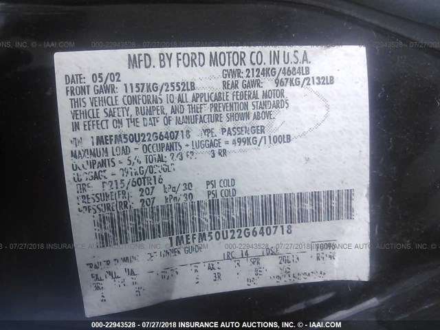 1MEFM50U22G640718 - 2002 MERCURY SABLE GS/GS PLUS BLACK photo 9