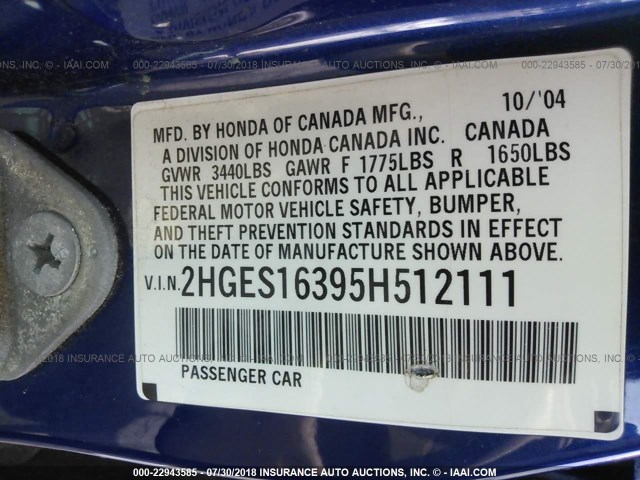 2HGES16395H512111 - 2005 HONDA CIVIC DX VP BLUE photo 9