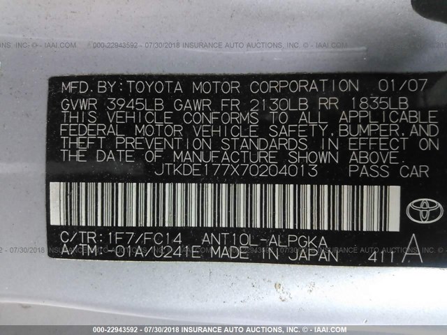 JTKDE177X70204013 - 2007 TOYOTA SCION TC 银色 照片 9