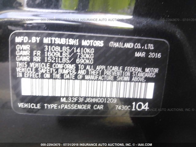 ML32F3FJ6HH001209 - 2017 MITSUBISHI MIRAGE G4 ES შავი ფოტო 9