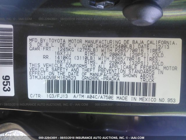 3TMJU4GN9EM162523 - 2014 TOYOTA TACOMA DOUBLE CAB PRERUNNER GRAY photo 9