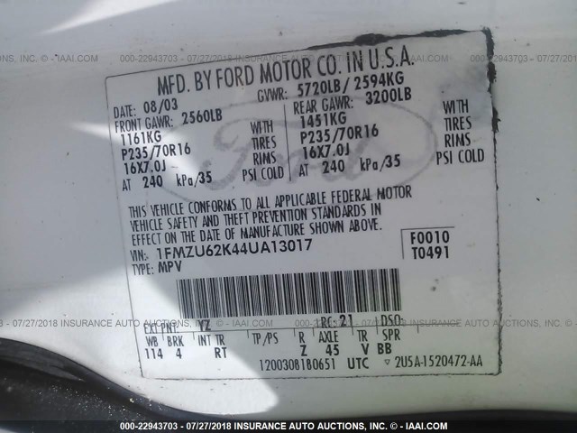 1FMZU62K44UA13017 - 2004 FORD EXPLORER XLS/XLS SPORT WHITE photo 9