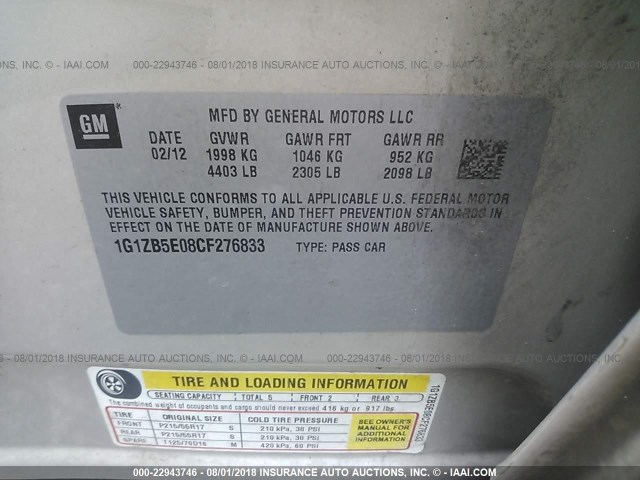 1G1ZB5E08CF276833 - 2012 CHEVROLET MALIBU LS Qızıl foto 9