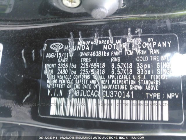 KM8JUCAC8CU370141 - 2012 HYUNDAI TUCSON GLS/LIMITED BLACK photo 9