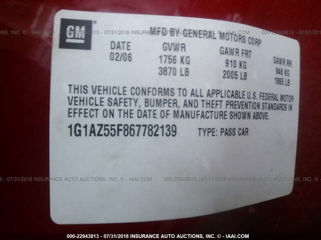 1G1AZ55F867782139 - 2006 CHEVROLET COBALT LTZ RED photo 9