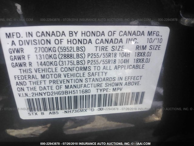 2HNYD2H69BH511680 - 2011 ACURA MDX TECHNOLOGY GRAY photo 9