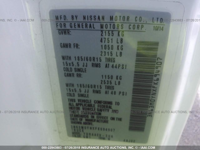 3N63M0YNXFK694907 - 2015 CHEVROLET CITY EXPRESS LS 白色 照片 9