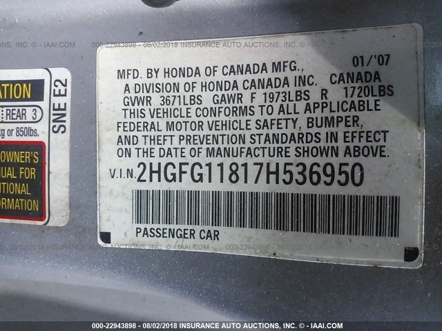 2HGFG11817H536950 - 2007 HONDA CIVIC EX SILVER photo 9