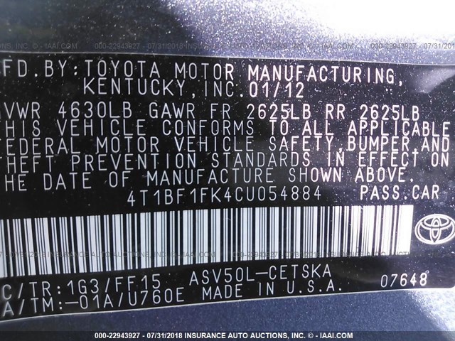4T1BF1FK4CU054884 - 2012 TOYOTA CAMRY SE/LE/XLE GRAY photo 9