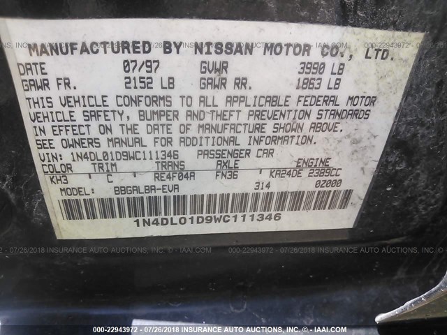 1N4DL01D9WC111346 - 1998 NISSAN ALTIMA XE/GXE/SE/GLE BLACK photo 9