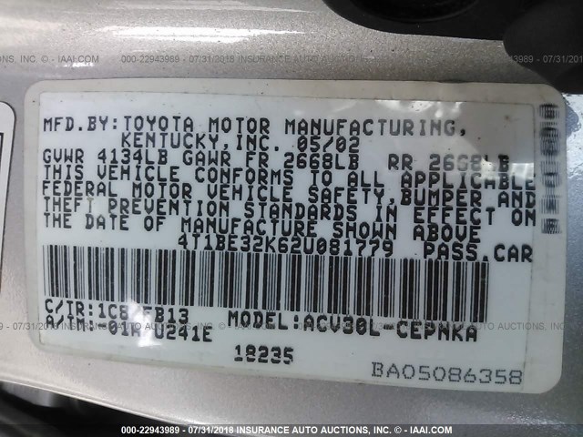 4T1BE32K62U081779 - 2002 TOYOTA CAMRY LE/XLE/SE Gümüş foto 9