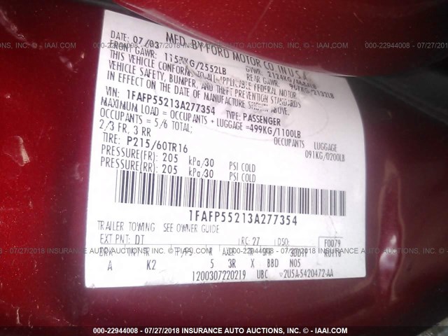 1FAFP55213A277354 - 2003 FORD TAURUS SES RED photo 9