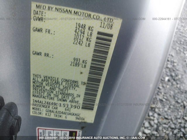 1N4AL24E49C151390 - 2009 NISSAN ALTIMA 2.5S SILVER photo 9