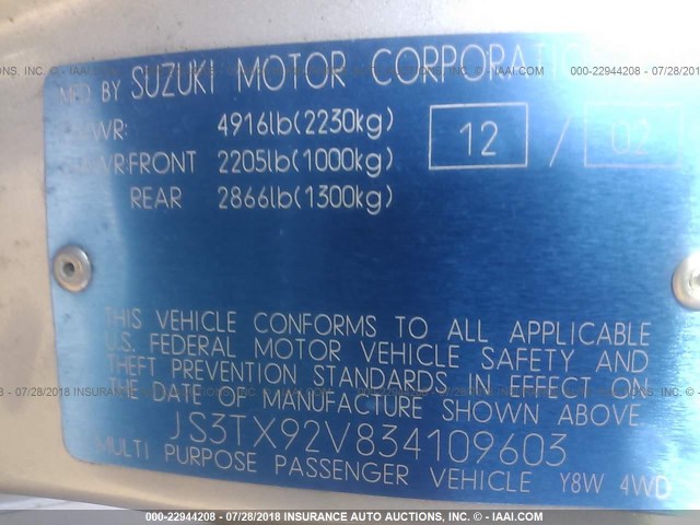 JS3TX92V834109603 - 2003 SUZUKI XL7 PLUS/TOURING/LIMITED/STD SILVER photo 9