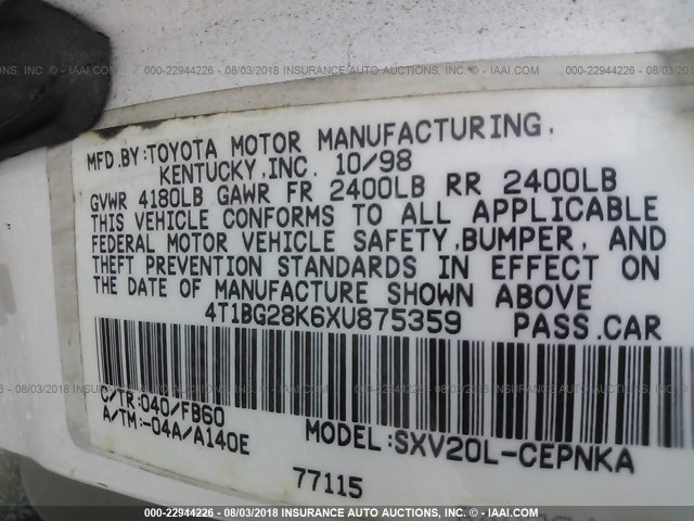 4T1BG28K6XU875359 - 1999 TOYOTA CAMRY CE/LE/XLE 白色 照片 9